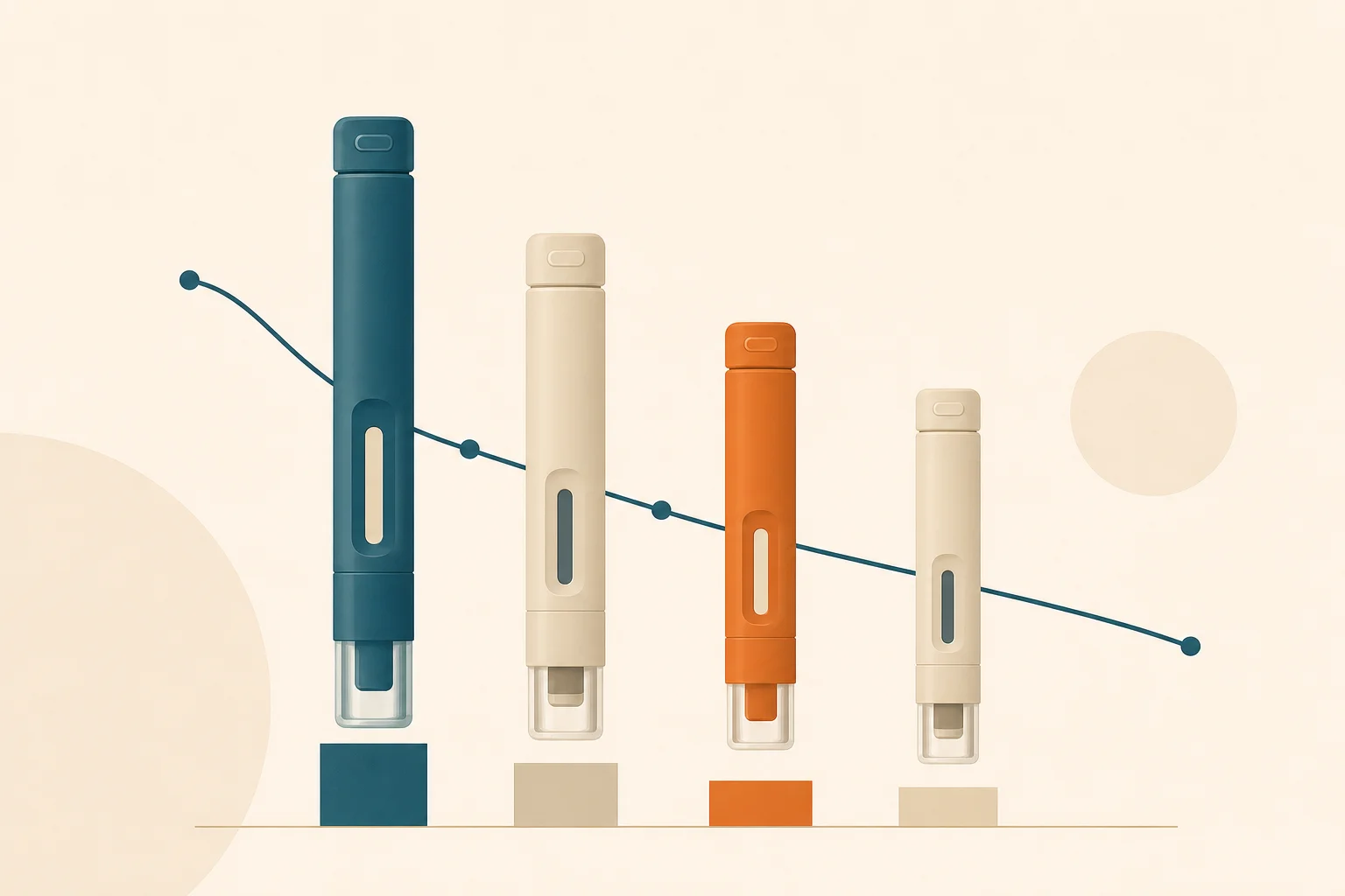 Four abstract injector-pen silhouettes of differing heights arranged in a row over a glucose-curve line, one tallest pen rendered in deep teal, the others in warm sand with a single orange accent