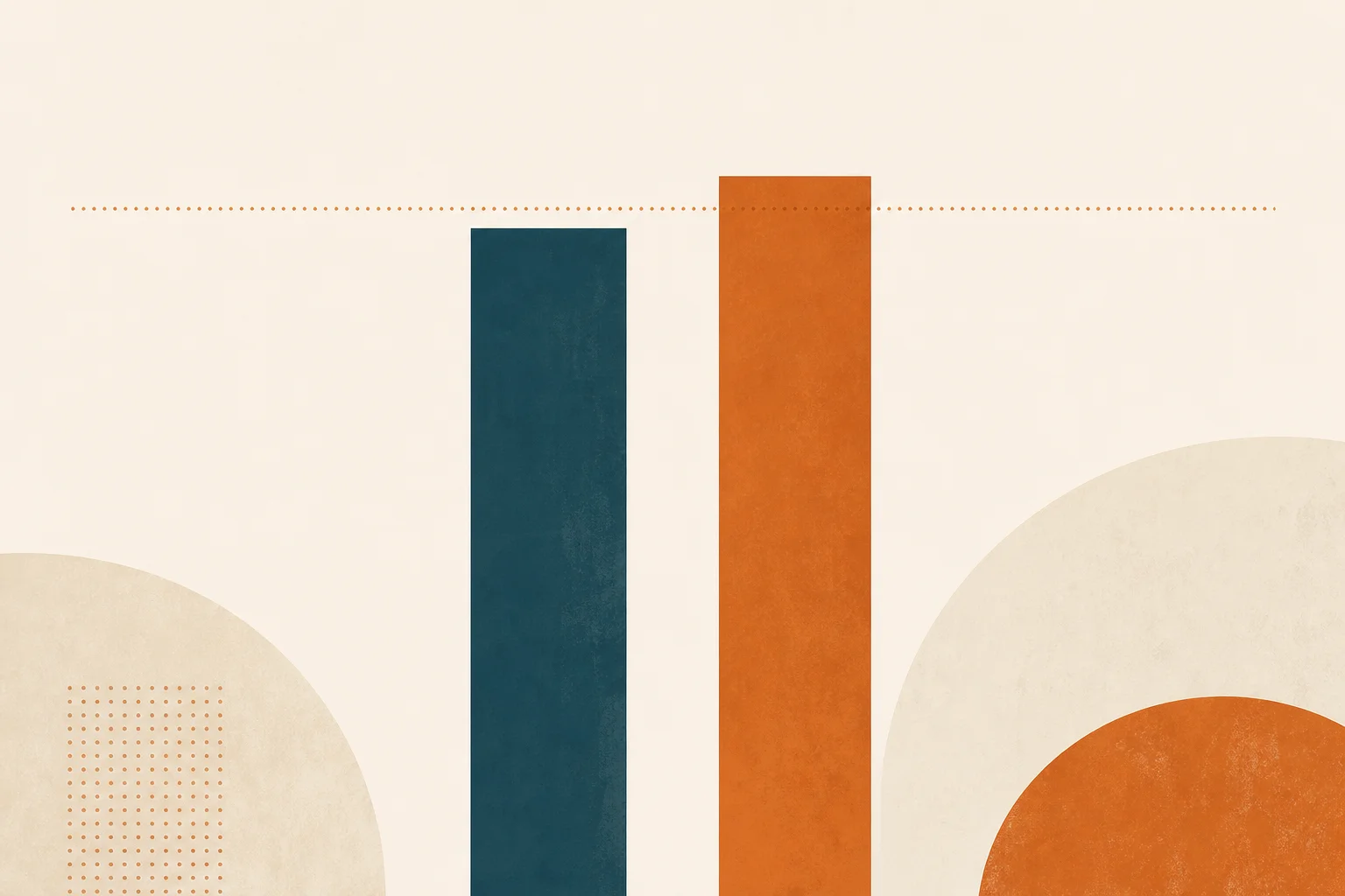 Two tall abstract bars side by side separated by a vertical channel of negative space, the deep-teal bar marginally shorter than the warm-orange bar, with a faint dotted threshold line crossing both
