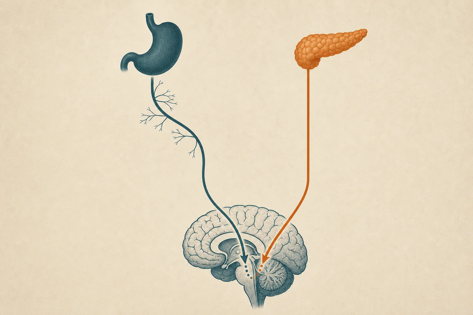 Diagram showing the GLP-1 vagal pathway and the amylin brainstem pathway converging on the hypothalamus for appetite suppression