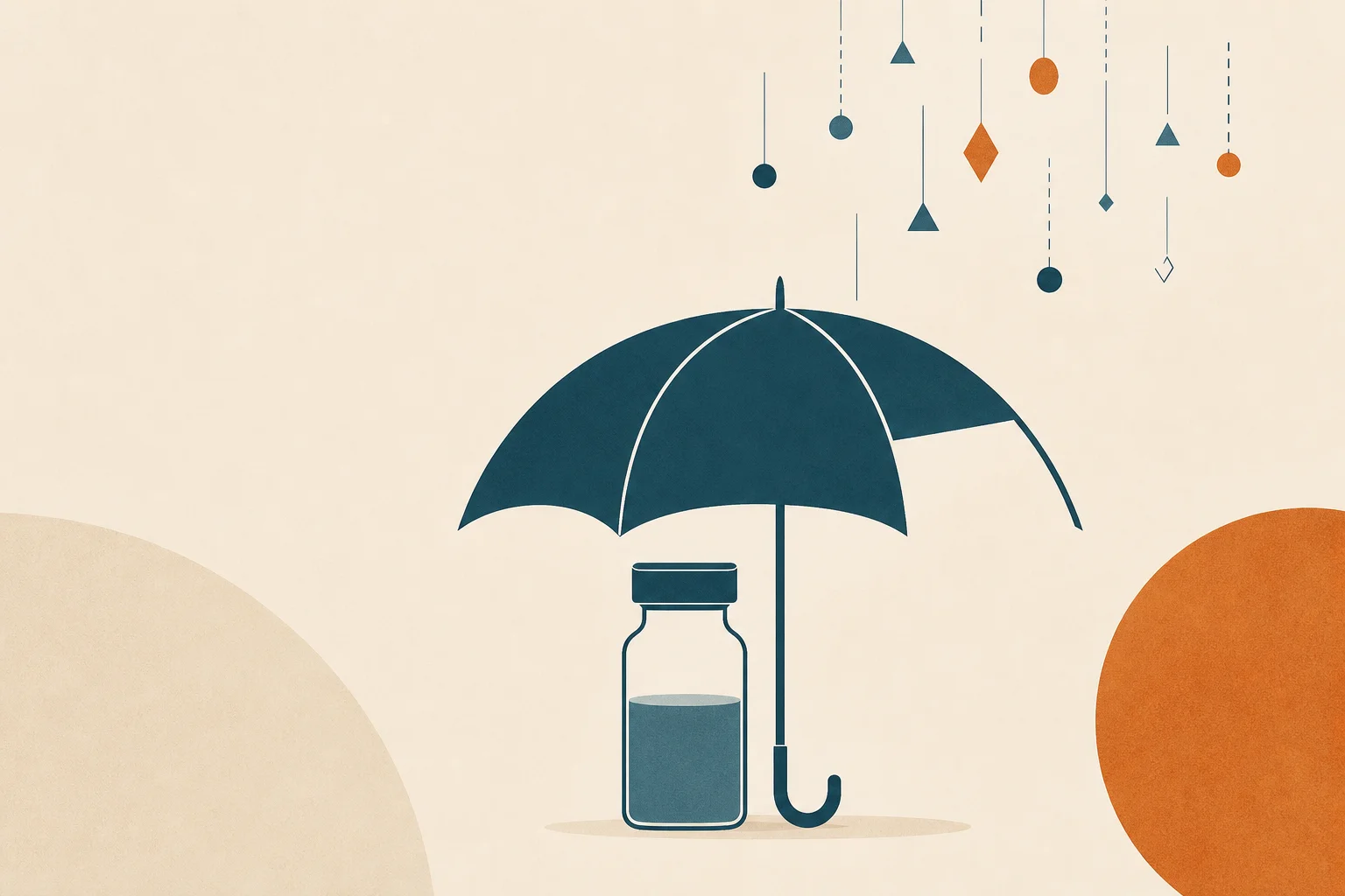A teal umbrella with one missing panel above a medication vial outline, with a few geometric raindrops.