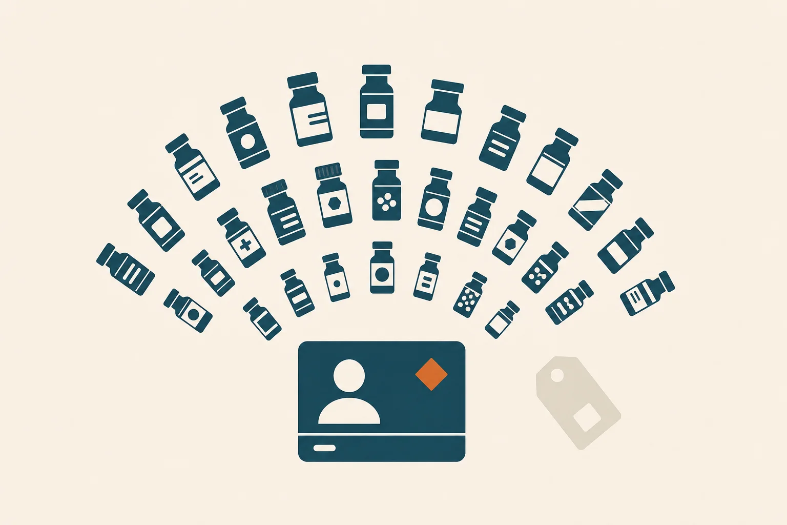 A single telehealth platform card silhouette in teal fanning out a wide spread of small distinct medication-vial glyphs, with one small warm-orange diamond status indicator and a faint second billing-tag glyph trailing off to the side.