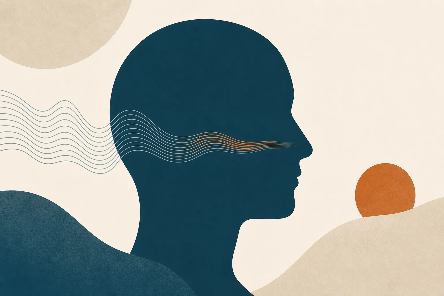 A teal head profile with a calming internal wave accented orange, illustrating mood and mental-health questions on GLP-1 drugs.