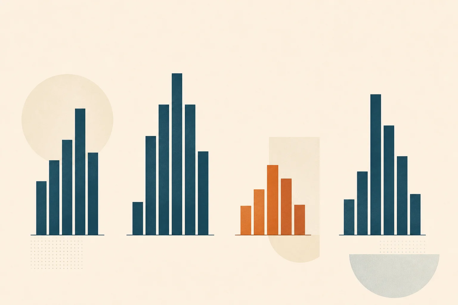 Four clustered groups of abstract bars of varying heights arranged across a warm-sand field, most rendered in deep teal with one group accented in warm orange, suggesting distinct clinical trials reporting different outcome magnitudes