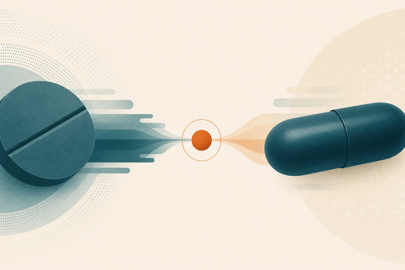 Two teal medication shapes meeting at an orange node, illustrating GLP-1 drug interactions.