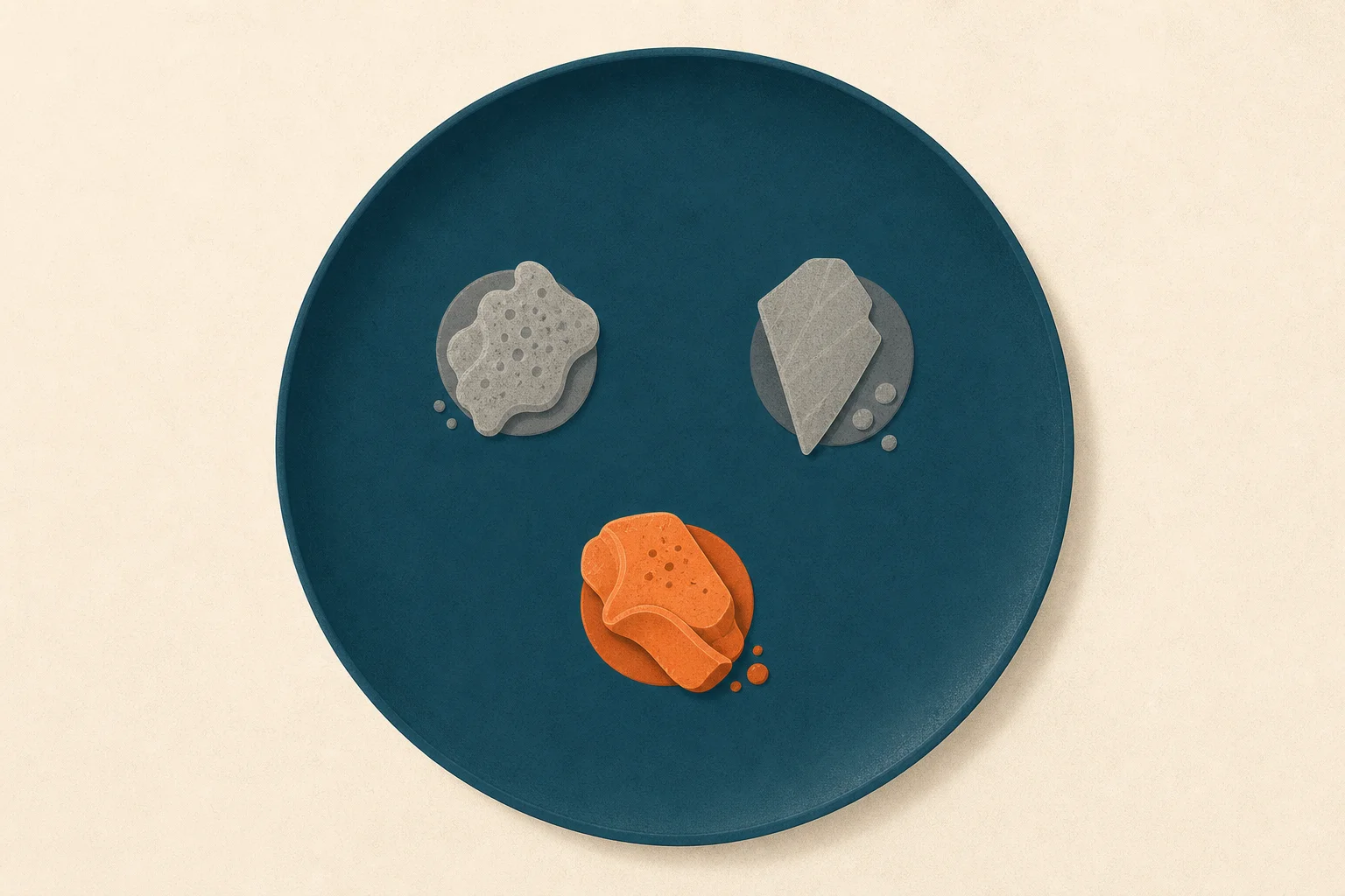 A teal plate with two faded food shapes and one fresh orange one, illustrating food aversions on GLP-1 drugs.