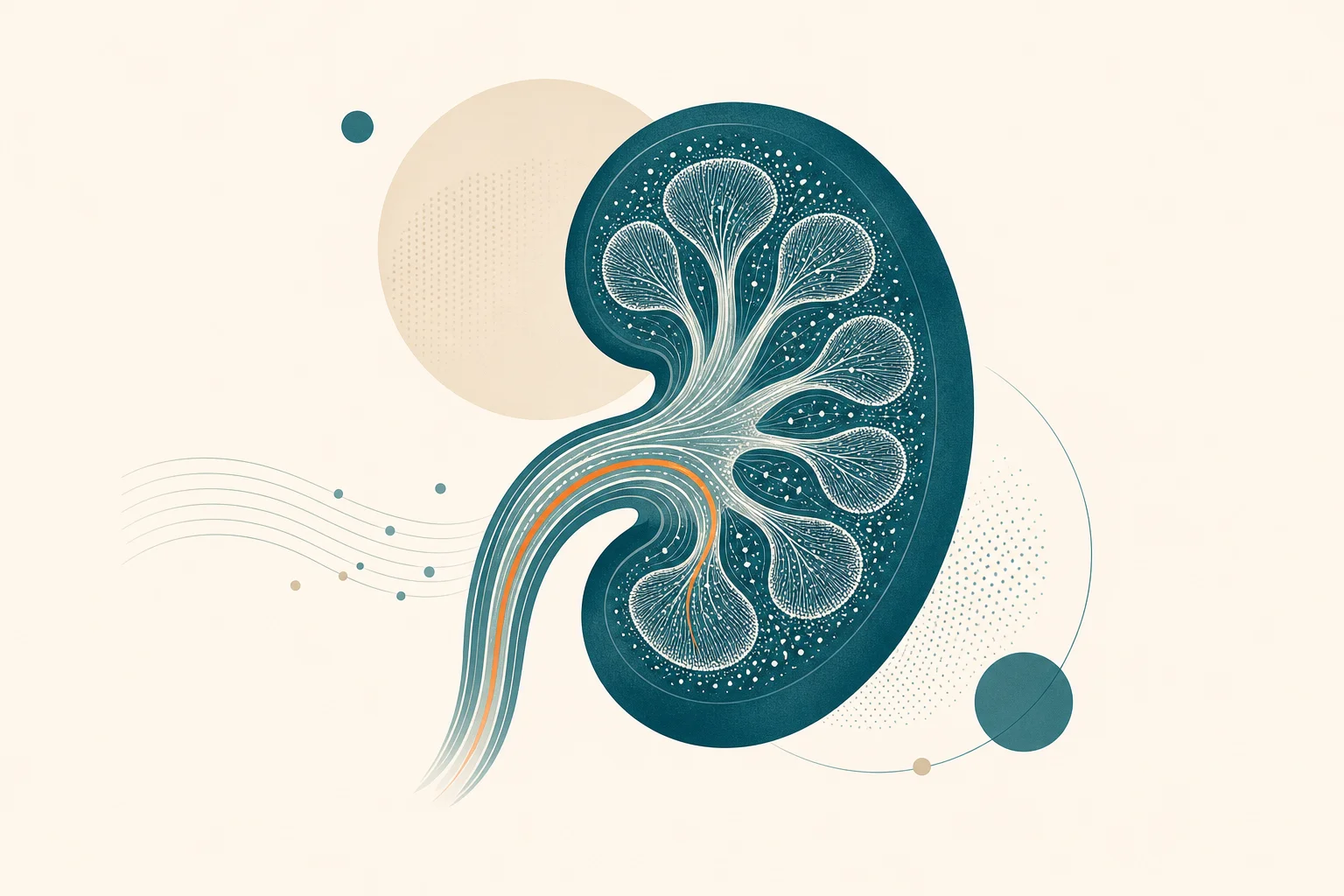 A teal kidney glyph with an orange filtration line, illustrating kidney function and GLP-1 drugs.