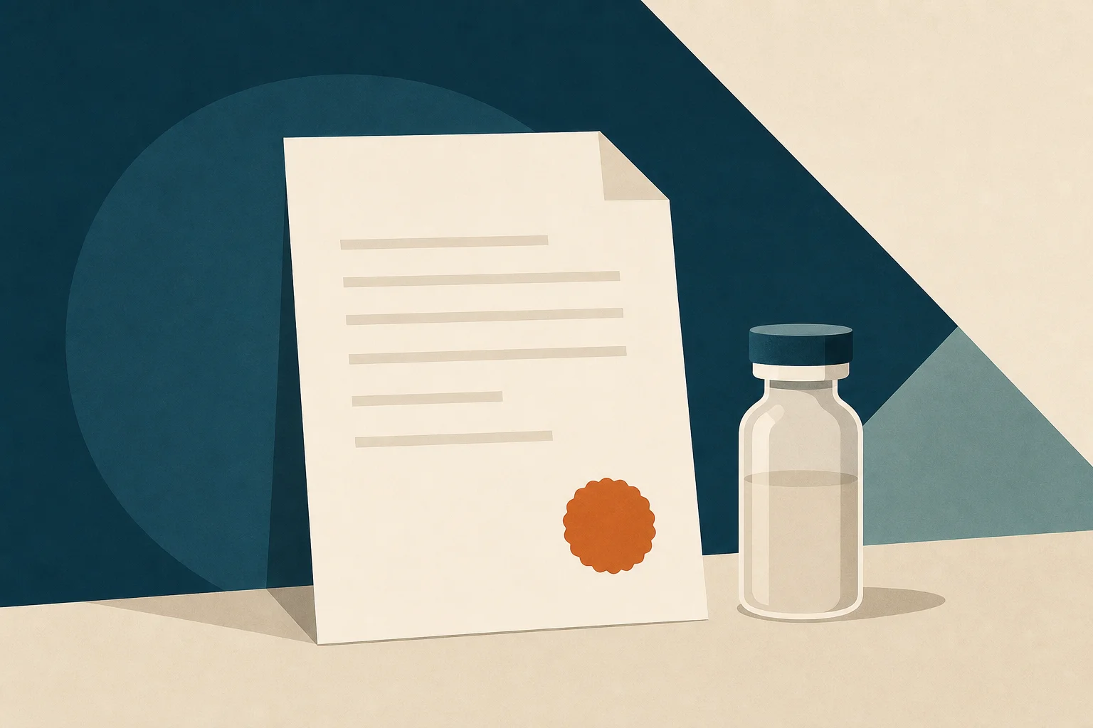 A blank letter sheet with abstract lines beside a medication vial outline, a small orange seal in the corner, on a warm-sand background.