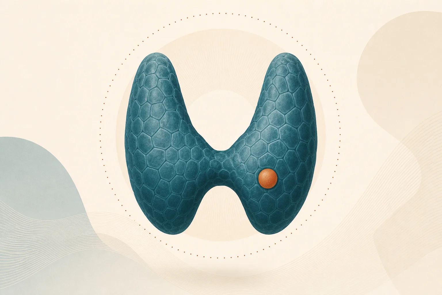 A teal butterfly thyroid glyph with a small orange nodule, illustrating the thyroid-cancer black-box warning on GLP-1 drugs.