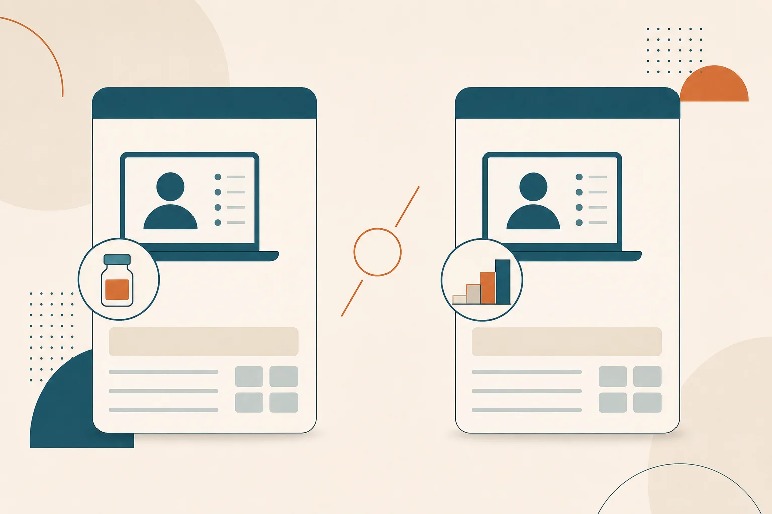 Two telehealth platform card silhouettes side by side separated by a thin vertical versus divider; the left card carries a small rising staircase glyph in warm-orange, the right card carries a small flat horizontal-line glyph in teal, on a warm-sand background.