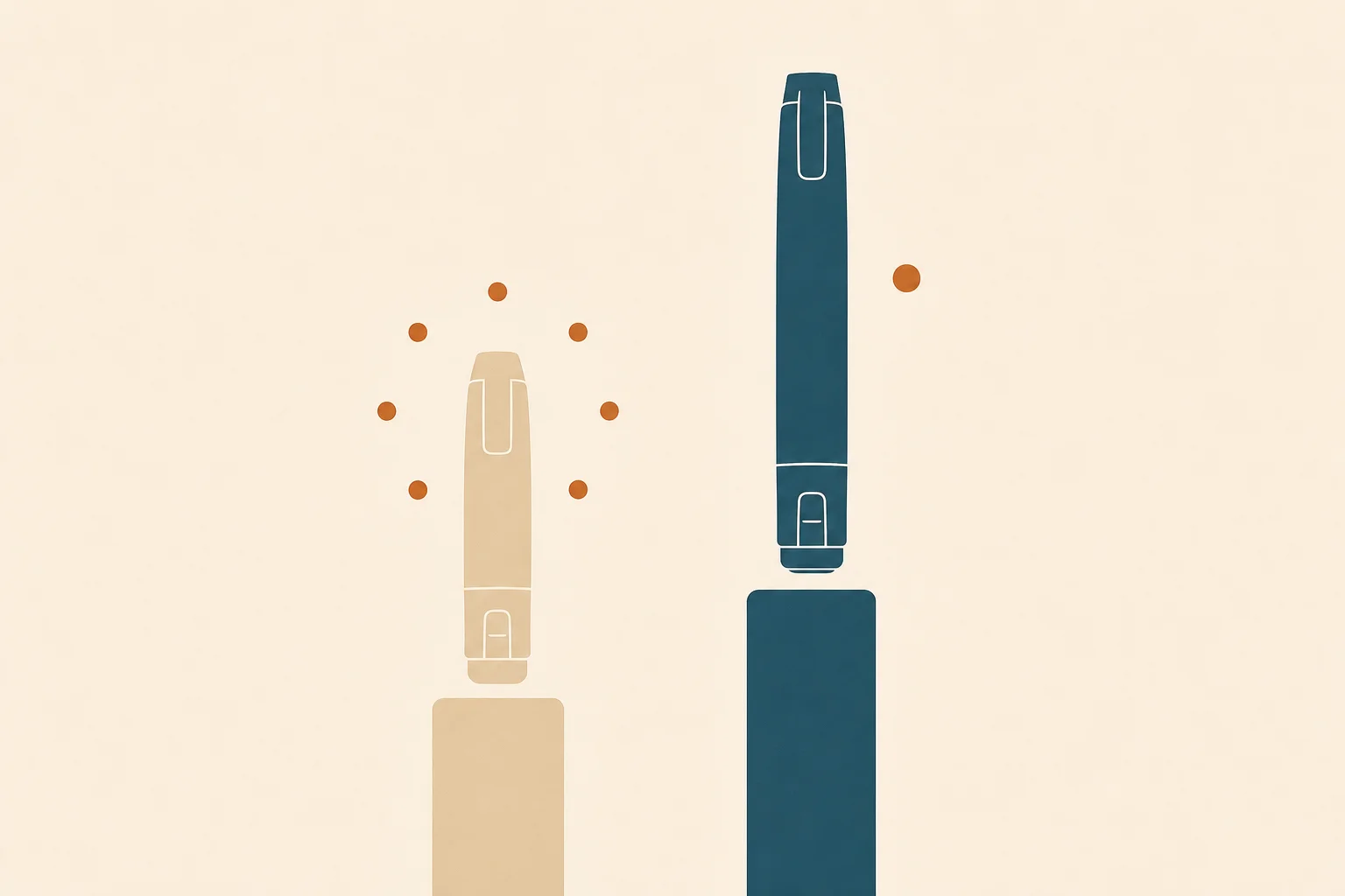 Two abstract injector-pen silhouettes side by side, the older warm-sand pen surrounded by seven small dots suggesting daily dosing, the taller deep-teal pen marked by a single orange dot suggesting weekly dosing, with a notably taller bar beneath it