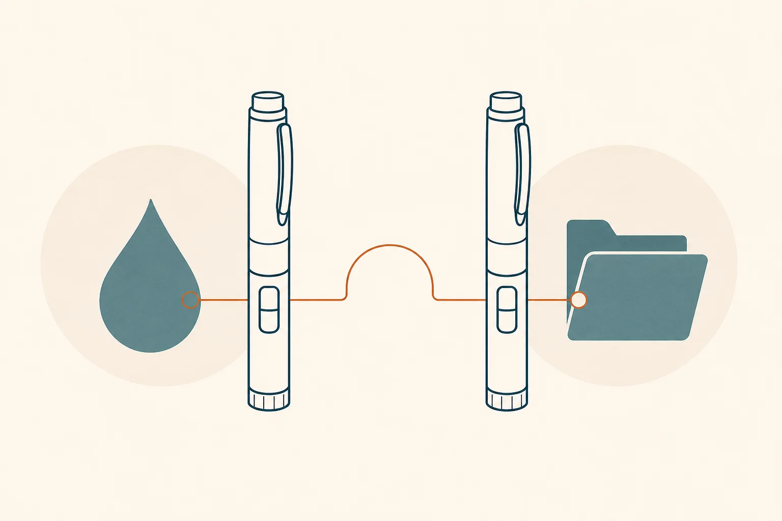 Two teal medication pen outlines side by side, one beside a drop shape and one beside a folder, joined by a thin orange line.