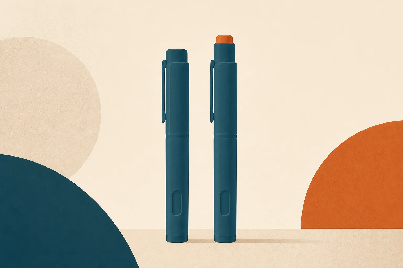 Two identical teal pen-shaped silhouettes side by side, the right one slightly taller with a small warm-orange cap, on a warm sand background