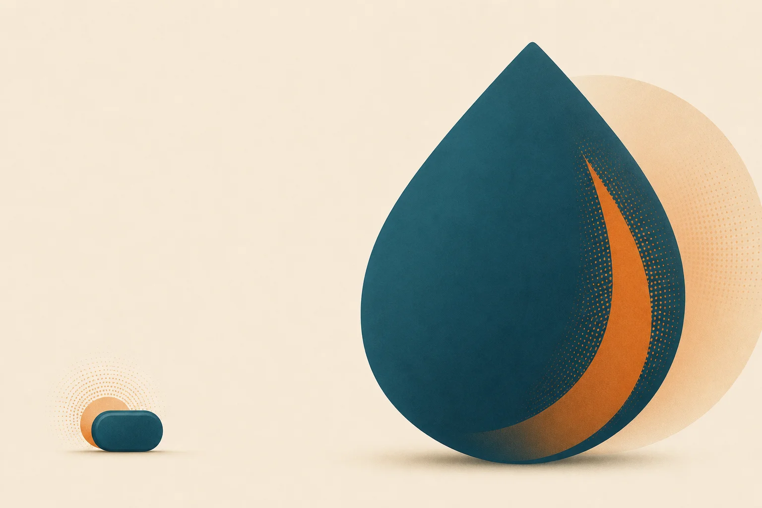A small teal rounded tablet shape on the left and a much larger teal droplet shape on the right with a warm-orange accent, on a warm sand background
