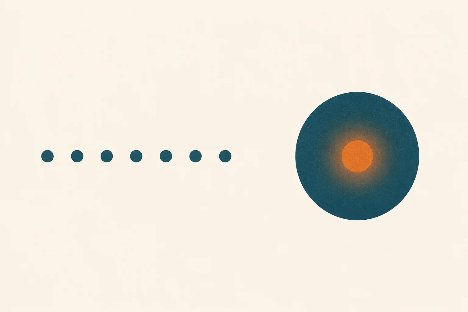 A cluster of seven small teal dots on the left and a single large teal dot with a warm-orange centre on the right, on a warm sand background