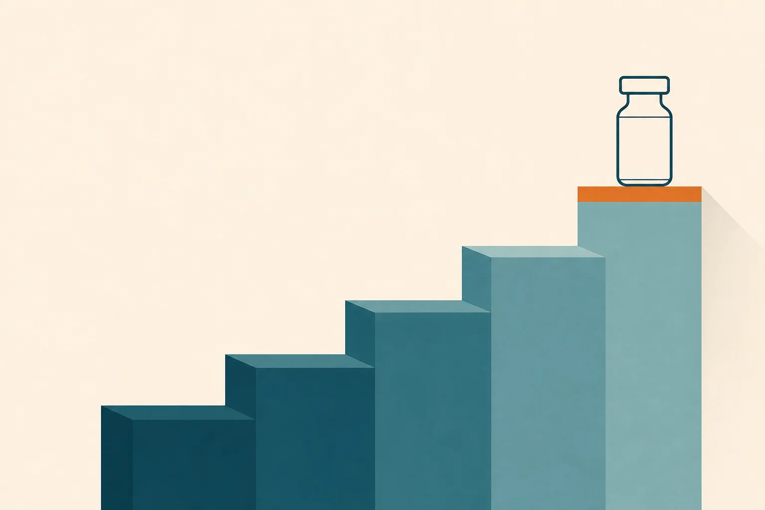 A flight of ascending step silhouettes in graduated teal tones climbing left to right toward a single medication vial outline on the top step, the final riser marked with a small warm-orange accent, against a warm-sand background with open negative space.