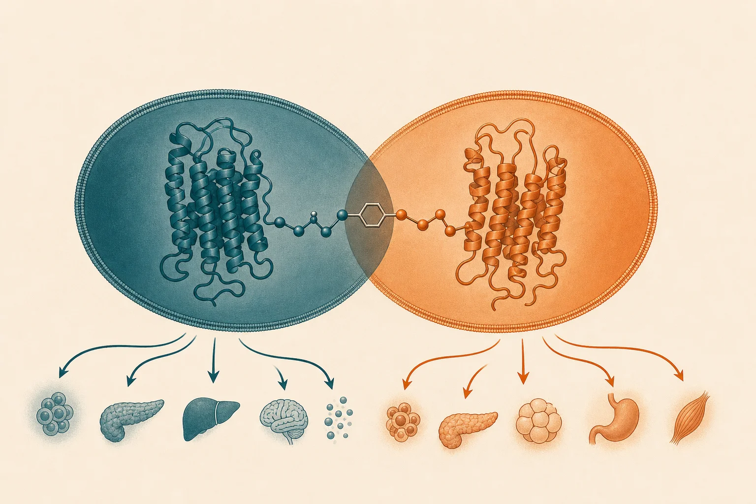 Abstract molecular diagram showing two receptor pathways activating simultaneously representing the dual GLP-1 and GIP mechanism of tirzepatide
