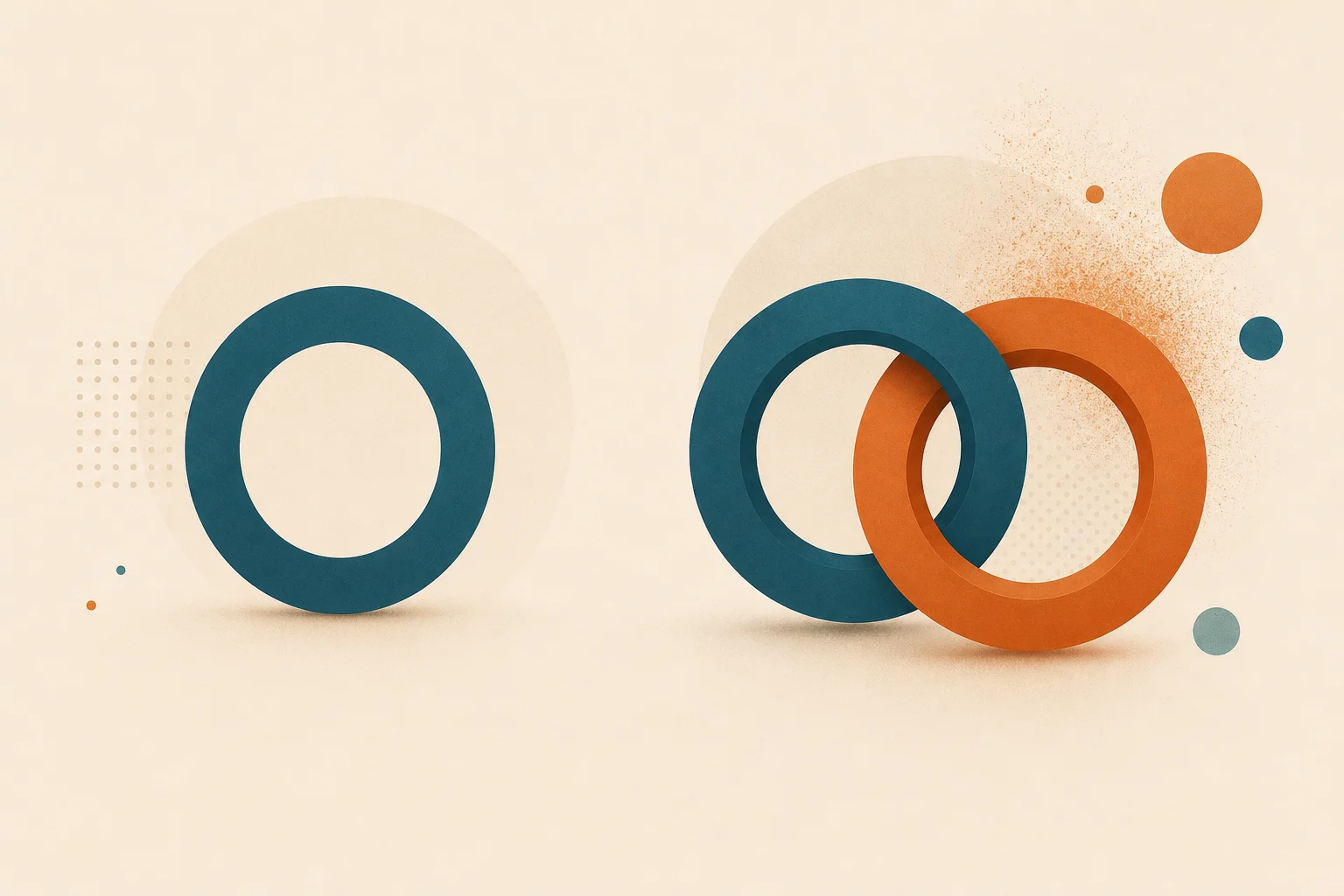 A single teal ring on the left and a pair of interlocking teal-and-orange rings on the right, set against a warm sand background