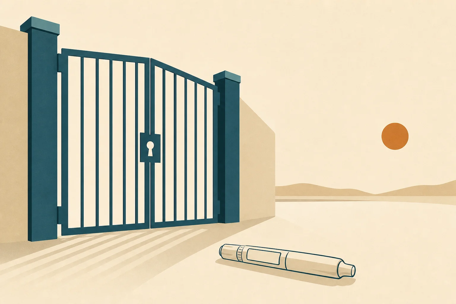 A teal geometric gate with a key-shaped opening and a medication pen outline waiting before it, on a warm-sand background.